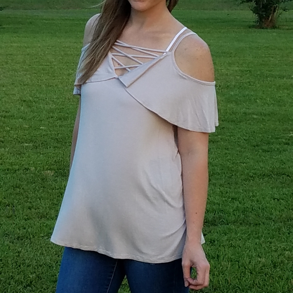 Beige cold shoulder top